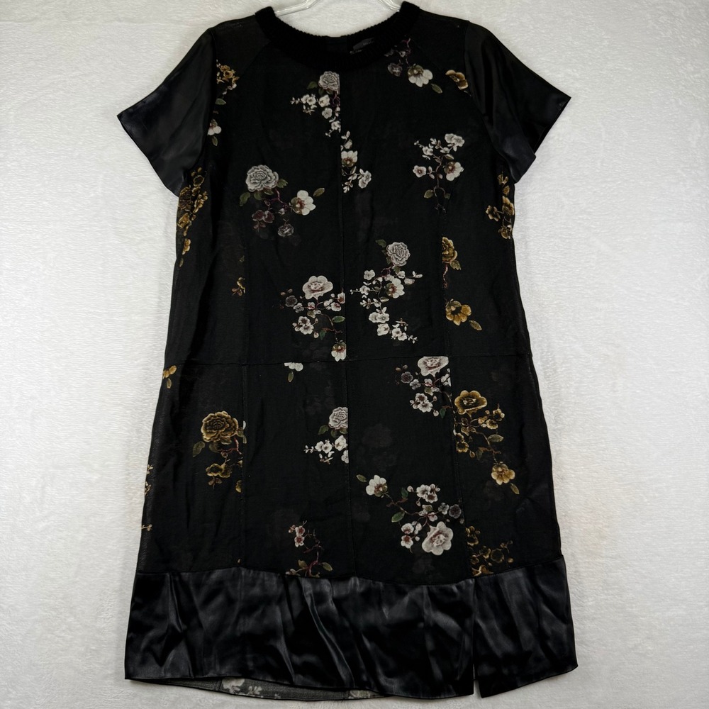 Belstaff Italy Black Floral Virgin Wool Mixed Media Shift Dress IT 44